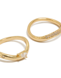 Showcasing gold plated cubic zirconia pave stacking rings in a 2-pack with pear cut crystal stones and dainty design close up view - link has visual effect only