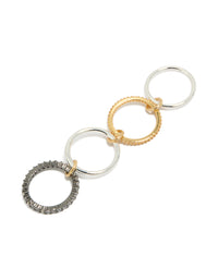 Showcasing a mixed metal plated cubic zirconia interlinked stacked ring with crystal, gold, and silver in grey and white side detail view - link has visual effect only