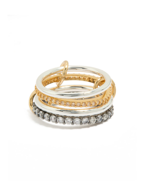 Discover this mixed metal plated cubic zirconia interlinked stacked ring crafted from crystal, gold, and silver in grey and white front view