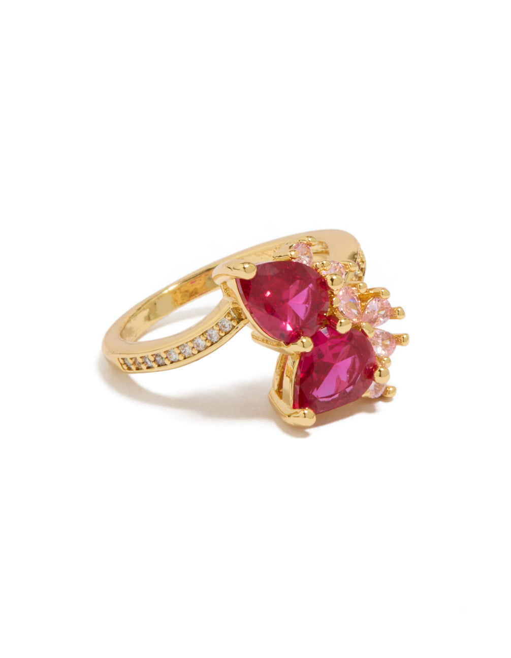 Showcasing a gold plated statement ring featuring double red pear cut cubic zirconia stones side detail view