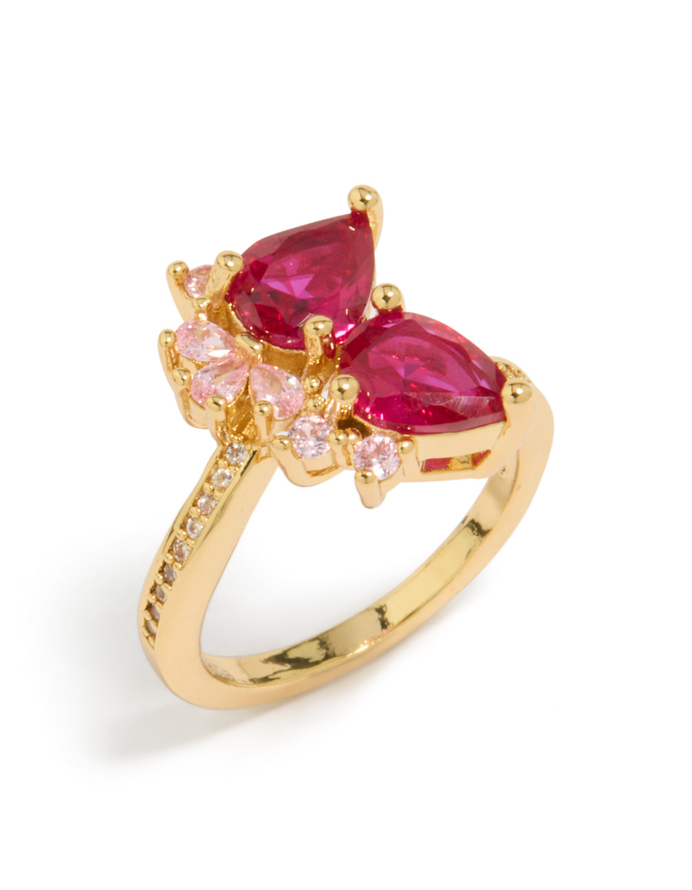 Crafted from gold plated metal, this statement ring features double red pear cut cubic zirconia stones close up view