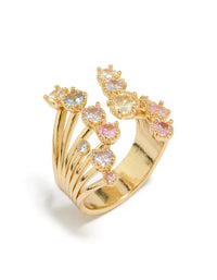Highlighting a gold plated open ring with pink and blue cubic zirconia side detail view - link has visual effect only