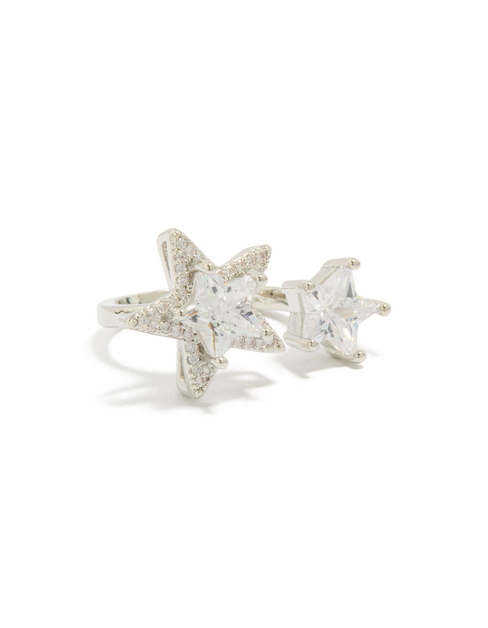 Beautifully crafted silver cubic zirconia statement stars ring featuring celestial design front view