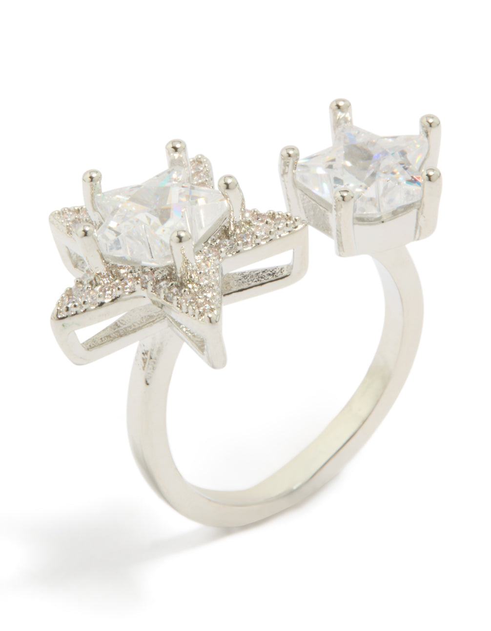 Displaying silver cubic zirconia statement stars ring featuring celestial design side detail view