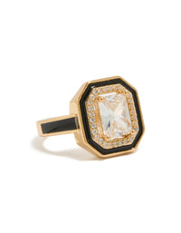 Gold Plated Black Enamel Outline Cushion Cut Cubic Zirconia  Ring - link has visual effect only