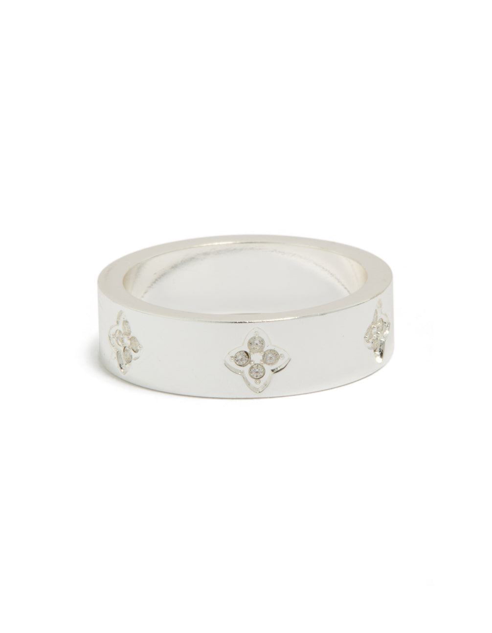 Showcasing a waterproof stainless steel flower band ring with cubic zirconia accents in silver and clear, statement style front view