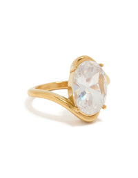 Showcasing a waterproof statement ring crafted from gold plated stainless steel with a large oval cubic zirconia crystal front view - link has visual effect only