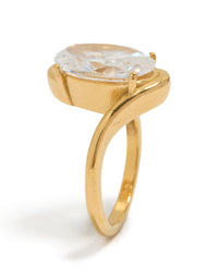 Featuring a waterproof statement ring in gold plated stainless steel with large oval cubic zirconia crystal side detail view - link has visual effect only