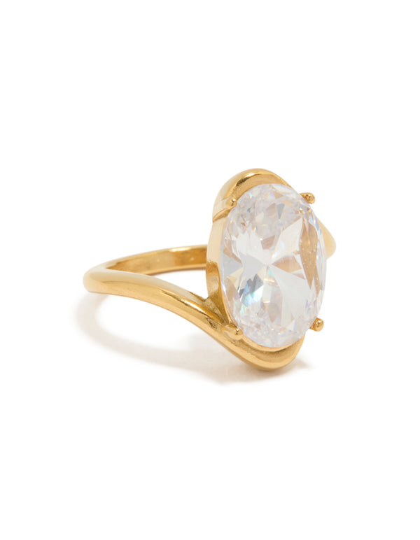Showcasing a waterproof statement ring crafted from gold plated stainless steel with a large oval cubic zirconia crystal front view