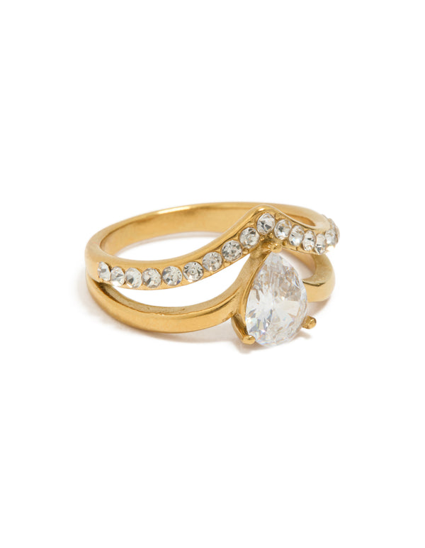 Waterproof Gold Plated Stainless Steel Pear Cubic Zirconia Layered Ring