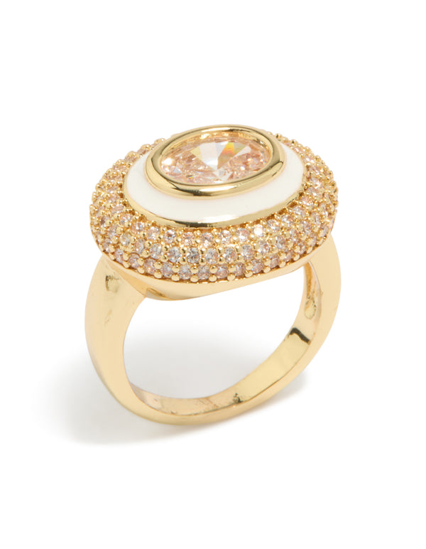 Showcasing a statement ring crafted from gold plated metal featuring pave cubic zirconia, white enamel, and champagne tones side detail view