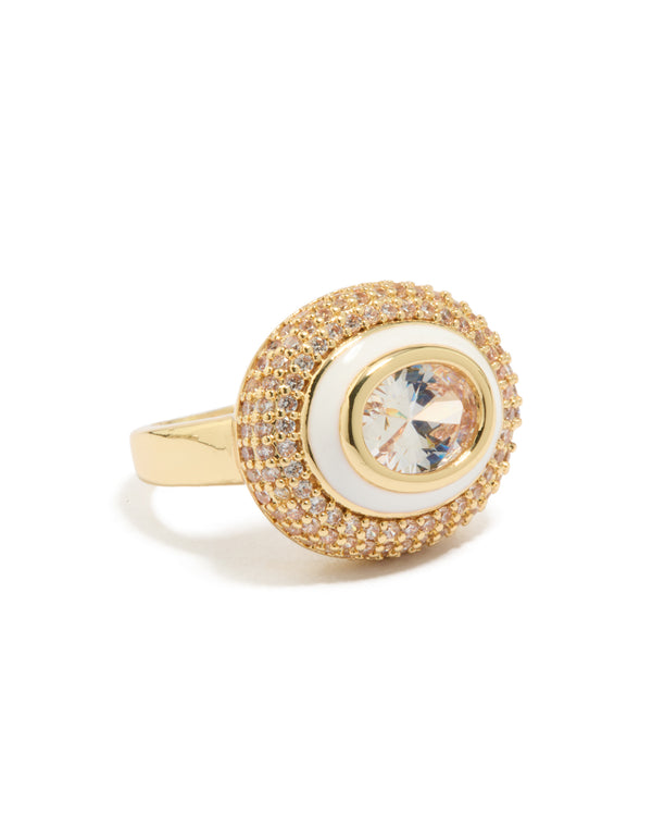 Statement ring in gold plated with pave cubic zirconia, white enamel, and champagne accents front view