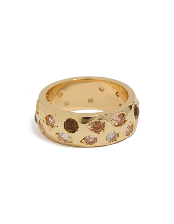 Gold Plated Multicoloured Cubic Zirconia Chunky Band Ring
