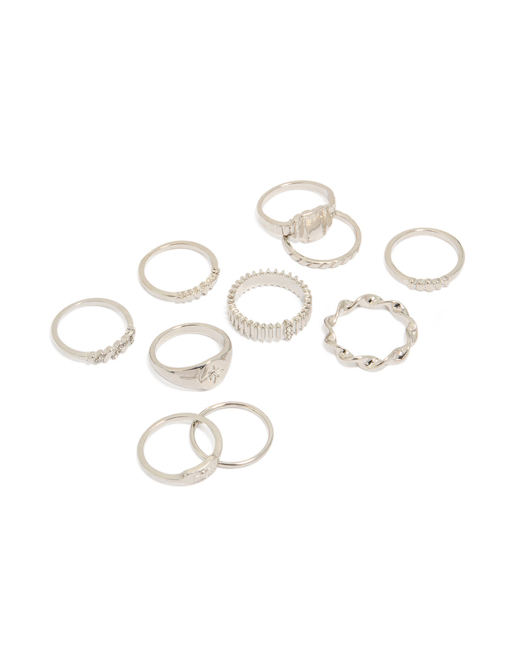 Discover this silver signet and ribbed rings 10-pack featuring celestial star details with dainty statement style front view