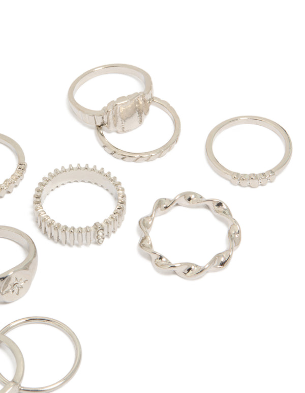 Silver Signet & Ribbed Rings 10-Pack