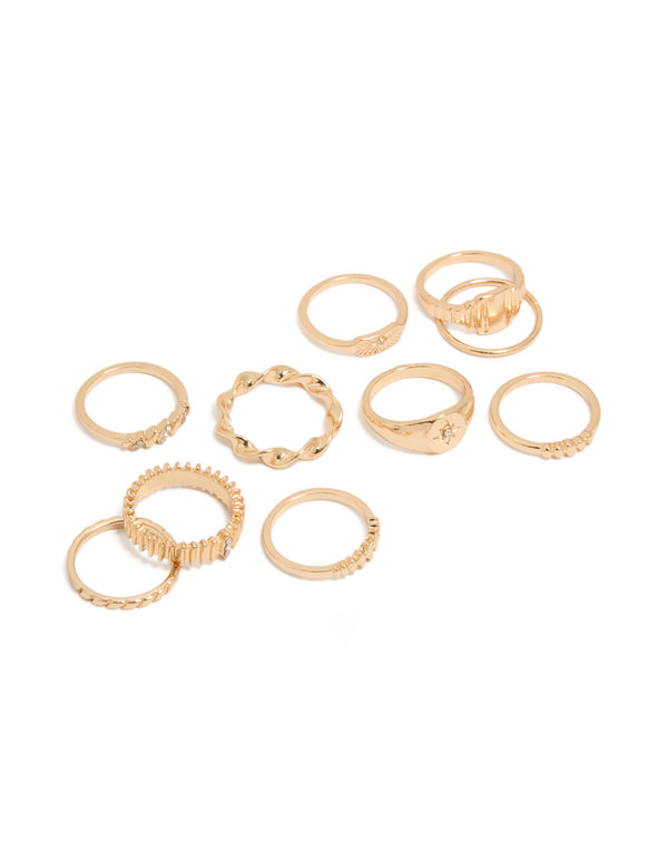 Discover statement gold signet and ribbed rings featuring celestial star motifs in a 10-pack front view