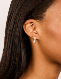 Featuring waterproof gold plated stainless steel cubic zirconia rectangle bezel hoop earrings on ear view - link has visual effect only