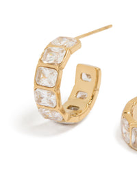 Showcasing waterproof gold plated stainless steel cubic zirconia rectangle bezel hoop earrings with detailed craftsmanship close up view - link has visual effect only