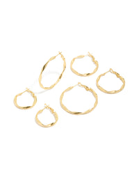Showcasing waterproof twisted hoop earrings in gold plated stainless steel 3-pack front view - link has visual effect only