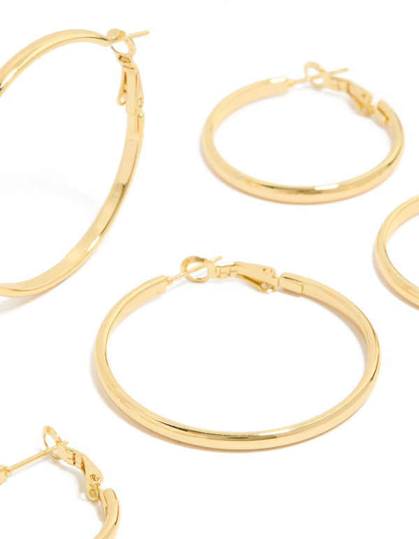 Crafted from waterproof gold plated stainless steel with wide round hoop closure in a 3-pack close up view