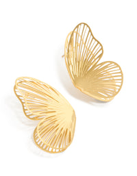 Featuring waterproof laser cut butterfly stud earrings crafted from stainless steel motifs in gold plated finish front view - link has visual effect only