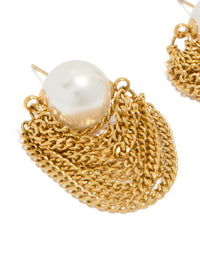 Featuring pearl waterproof gold plated stainless steel chain stud earrings close up view - link has visual effect only