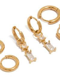 Detailed look at waterproof gold plated stainless steel huggie and stud earrings 4-pack with baguette cut cubic zirconia crystals close up view - link has visual effect only