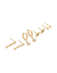 Explore this waterproof gold plated stainless steel bumble bee and flower cubic zirconia earrings 4-pack stud closure front view - link has visual effect only