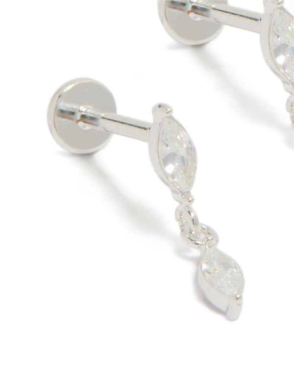 Crafted from waterproof stainless steel marquise cubic zirconia drop flat back studs with crystal in silver and clear close up view