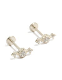 Featuring waterproof stainless steel textured cubic zirconia trio flat back stud earrings in silver and clear front view - link has visual effect only