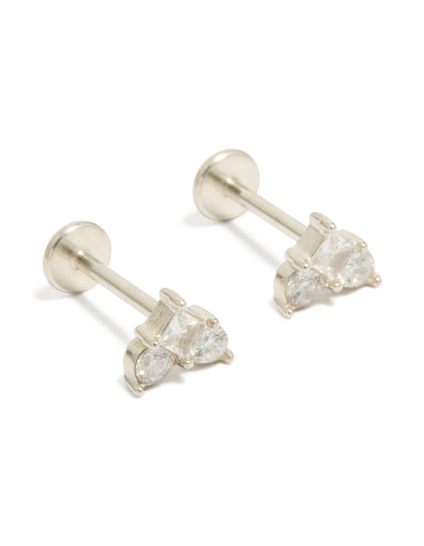 Showcasing stud earrings crafted from waterproof stainless steel with cubic zirconia stones and flat back closure front view