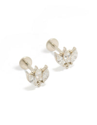 Showcasing waterproof stainless steel triple marquise cubic zirconia flat back stud earrings featuring leaf design in silver and clear front view - link has visual effect only