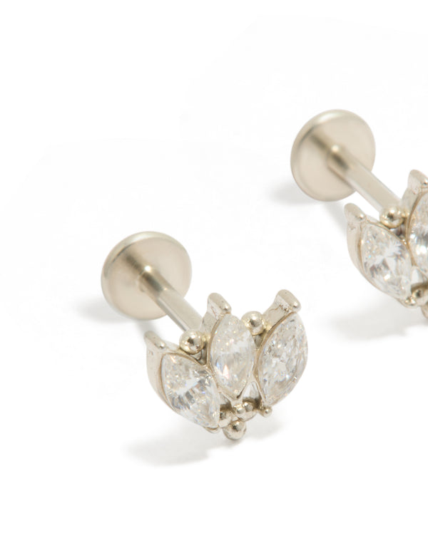 Elegant waterproof stainless steel triple marquise cubic zirconia flat back stud earrings featuring leaf design in silver and clear close up view