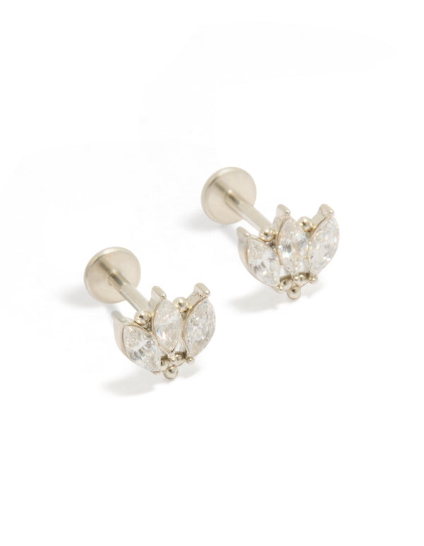 Showcasing waterproof stainless steel triple marquise cubic zirconia flat back stud earrings featuring leaf design in silver and clear front view