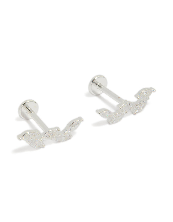 Showcasing crawler style studs featuring marquise cut cubic zirconia stones, crafted from waterproof stainless steel in silver with flat back closure front view