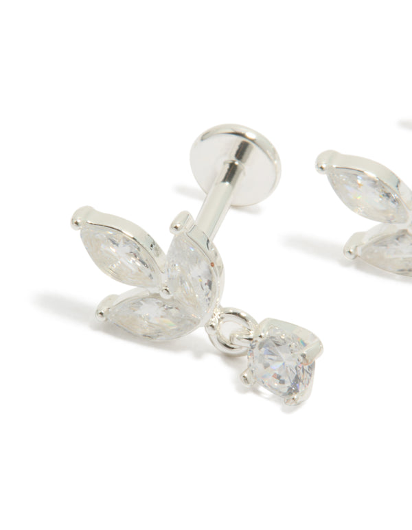 Showcasing dainty waterproof stainless steel flower cubic zirconia flat back earrings featuring floral details in silver and clear close up view