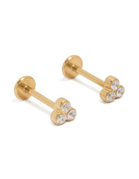 Showcasing waterproof trio bezel set cubic zirconia flat back studs crafted from gold plated stainless steel in gold front view - link has visual effect only