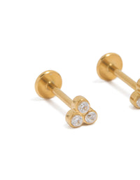 Detailed view of waterproof trio bezel set cubic zirconia flat back studs in gold plated stainless steel close up view - link has visual effect only