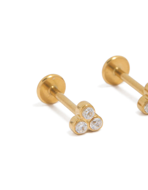 Detailed view of waterproof trio bezel set cubic zirconia flat back studs in gold plated stainless steel close up view