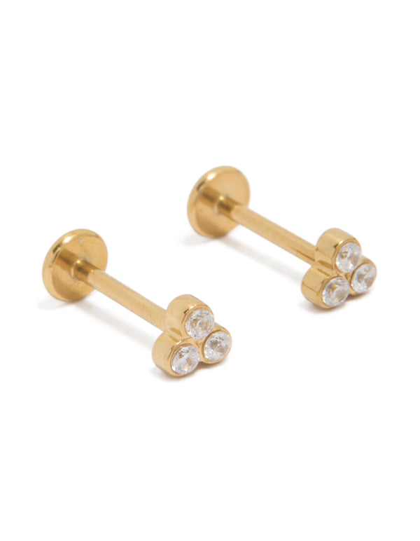 Showcasing waterproof trio bezel set cubic zirconia flat back studs crafted from gold plated stainless steel in gold front view