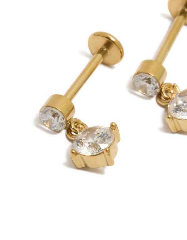 Showcasing waterproof stainless steel drop stud earrings featuring round cubic zirconia stones and flat back closure in gold plated finish close up view