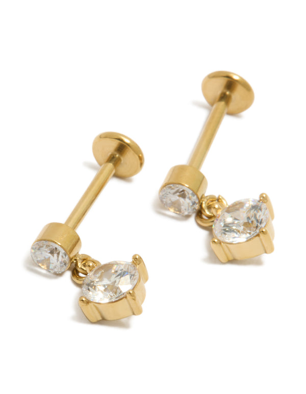 Beautifully crafted waterproof stainless steel drop stud earrings featuring round cubic zirconia stones and flat back closure in gold plated finish front view