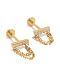 Showcasing bar studs with cubic zirconia crafted from waterproof stainless steel in gold plated finish and flat back closure front view - link has visual effect only