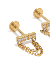 Featuring bar studs with cubic zirconia crafted from waterproof stainless steel in gold plated finish and flat back closure close up view - link has visual effect only