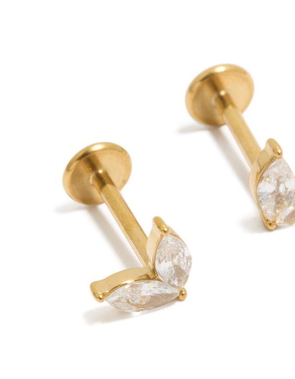 Elegant waterproof gold plated stainless steel marquise flat back stud earrings close up view
