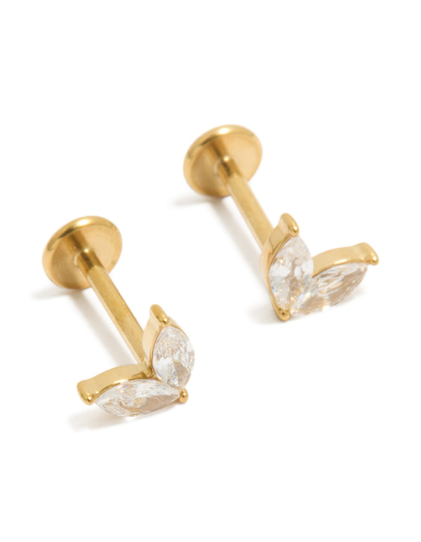 Showcasing waterproof gold plated stainless steel marquise flat back stud earrings front view