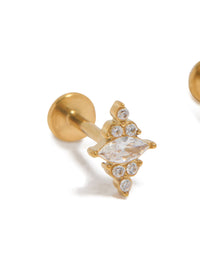Showcasing waterproof diamond shaped cubic zirconia flat back studs in gold plated stainless steel close up view - link has visual effect only