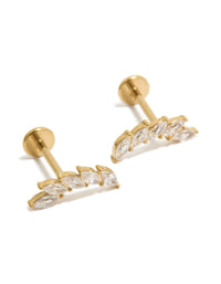 Showcasing waterproof crawler stud earrings crafted from gold plated stainless steel featuring cubic zirconia stones in a leaf design with flat back closure front view - link has visual effect only