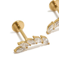 Detailed look at waterproof crawler stud earrings crafted from gold plated stainless steel featuring cubic zirconia stones in a leaf design with flat back closure close up view - link has visual effect only