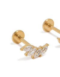 Beautiful waterproof graduated marquise cubic zirconia flat back studs in gold plated stainless steel close up view - link has visual effect only